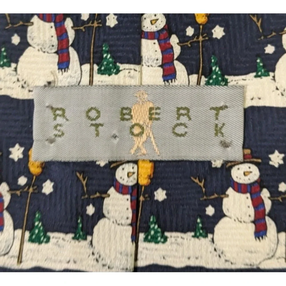 Robert Stock Hand Made Blue Silk Tie Geometric Striped Christmas Snowmen 56x4